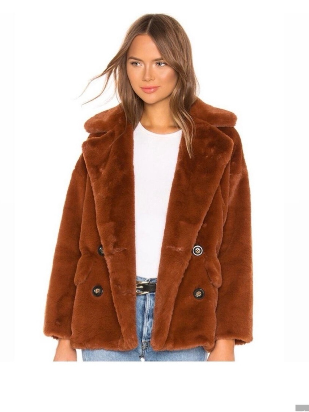 Free People Chestnut Faux Fur Double-Breasted Teddy Jacket